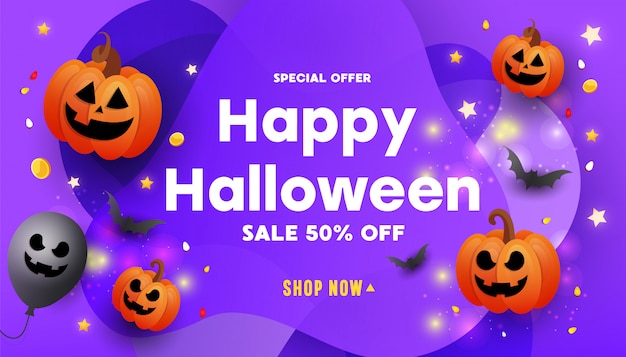 Creative happy halloween sale promotion banner with scary faces pumpkins