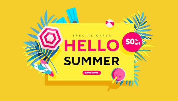 Creative hello summer sale banner in trendy bright colors with tropical leaves and discount text.