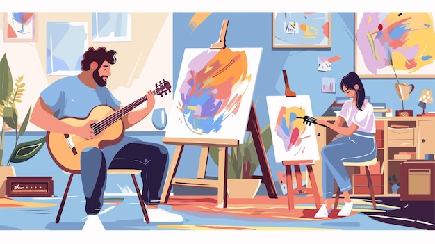 Vector creative hobby concept man plays guitar and woman paints together