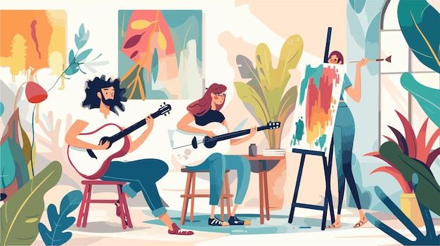 Creative Hobby Concept Man Plays Guitar and Woman Paints Together