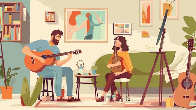 Creative Hobby Concept Man Plays Guitar and Woman Paints Together