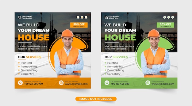 Creative home construction web banner design with green and yellow colors House repairing service template with abstract shapes for social media marketing Modern home renovation template vector