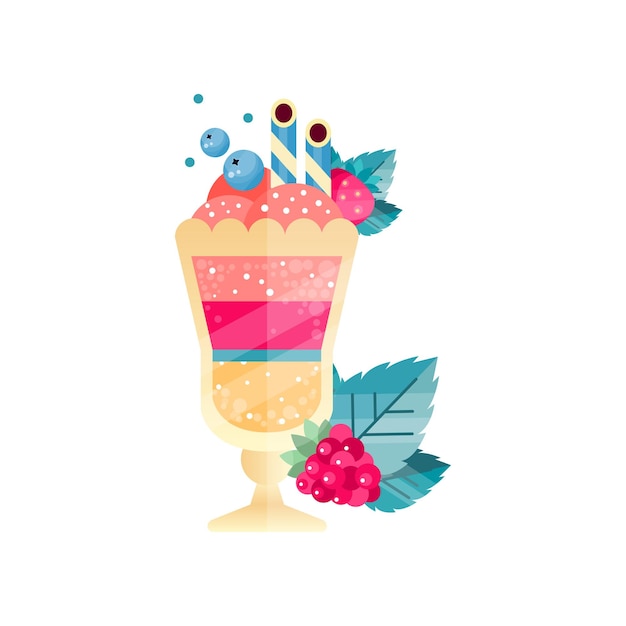 Creative icon of tasty multi-layered dessert with ice-cream, berries and drinking straws. Raspberry and green leaves. Sweet food in glass vessel. Flat vector illustration with gradients and texture.