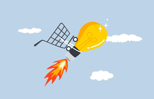 Creative idea to boost sales concept Trolley tied to idea light bulb rocket flying high in sky