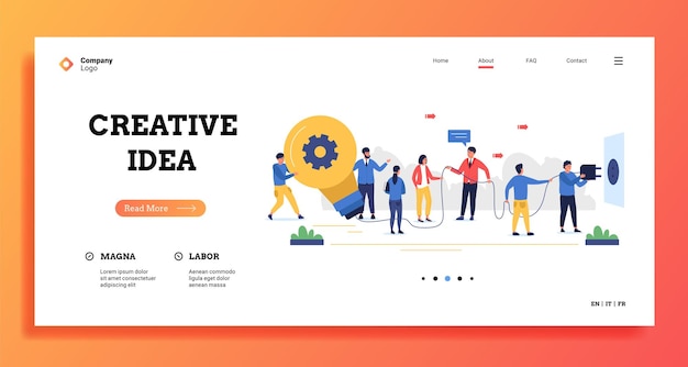 Creative idea landing Web site template with group of coworkers working together on problem solution concept Vector business illustration