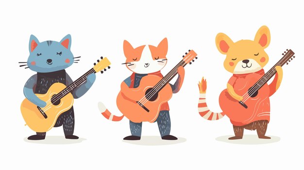 Vector creative illustrated animals playing guitars in flat vector style