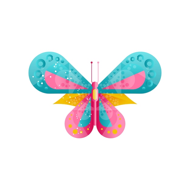 Creative illustration of bright butterfly with abstract pattern on the wings. Flat icon with gradients and texture. Decorative element for book or wall decor. Colorful vector design isolated on white.