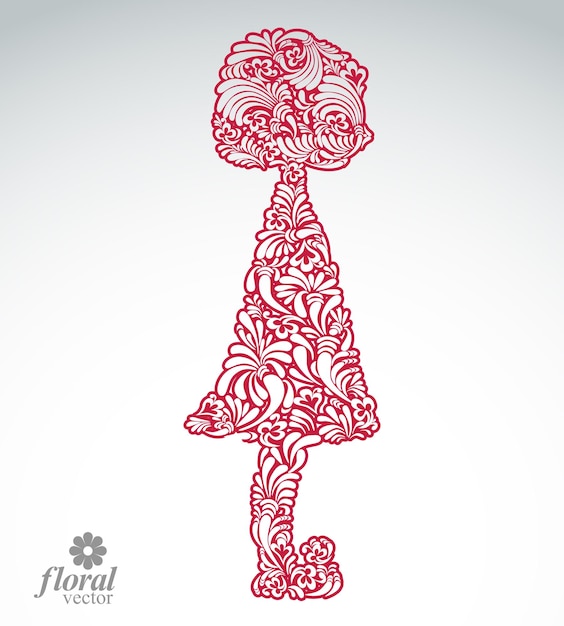 Creative illustration of a girl with a short hair. Cute teenage girl wearing a flower-patterned dress. Graphic vector beautiful image of a schoolgirl.