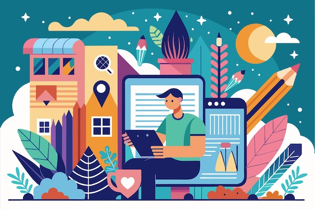 Vector a creative individual utilizes technology while surrounded by colorful plants and buildings editorial commision customizable flat illustration