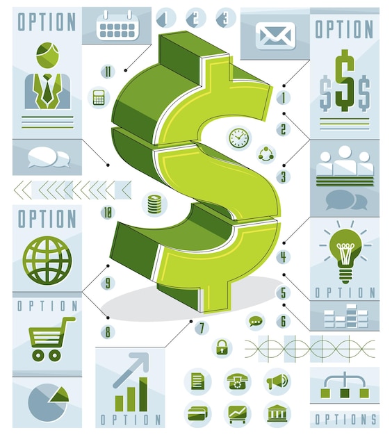 Vector creative infographics elements composition, layered dollar sign idea, vector layout template.