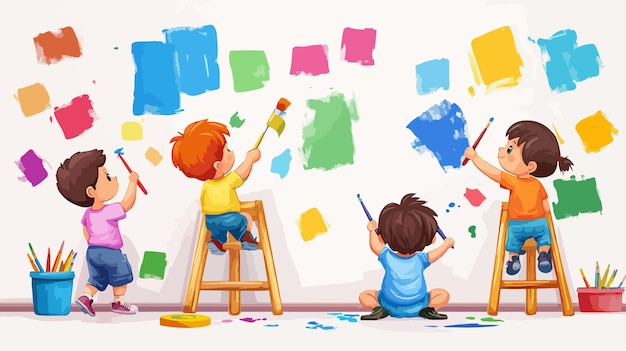 Vector creative kids painting wall young artist on knees