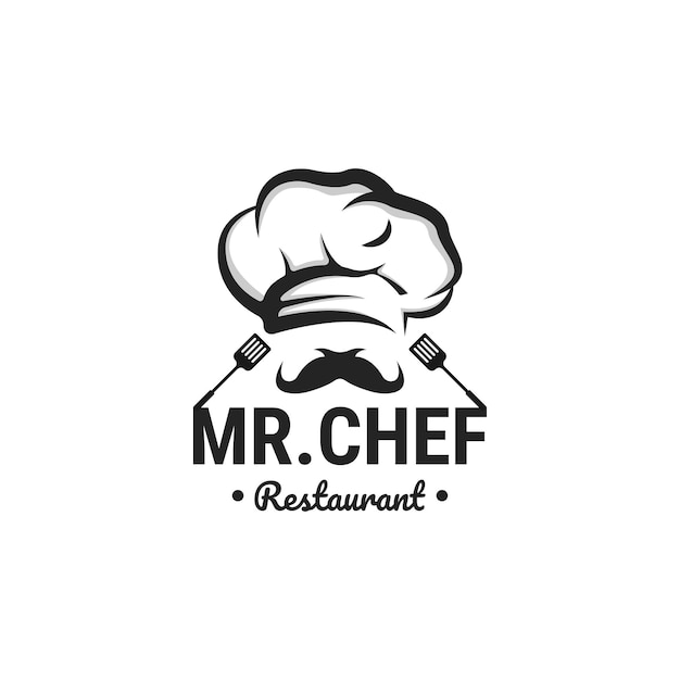 Creative Kitchen Design Chef mustache hat Logo with chef tools vector illustration