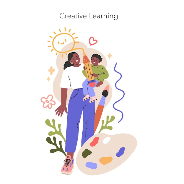 Vector creative learning illustration mother and child explore art expressing creativity and joy through