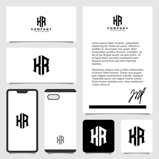 Creative letter K R monogram logo design with stationery template