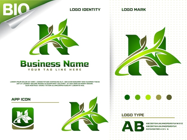 Creative letter n and modern green leaf logo premium vector