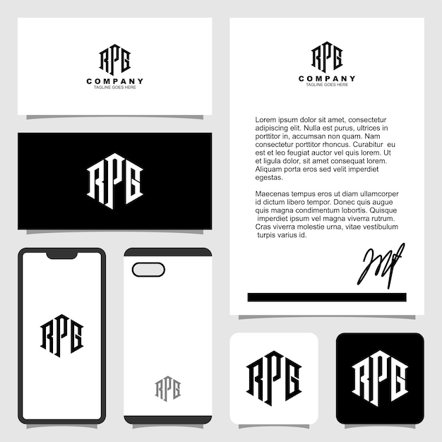 Creative letter R P G monogram logo design with stationery template