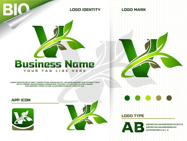 Creative letter v and modern green leaf logo premium vector