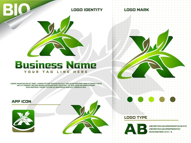 Creative letter x and modern green leaf logo premium vector