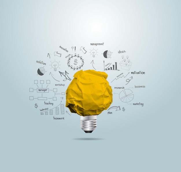 Creative light bulb idea and crumpled paper ball With thinking drawing charts and graphs business success strategy plan