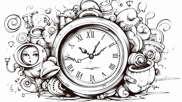 Vector creative line drawing cartoon alarm clock illustration