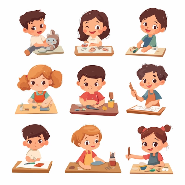 Vector creative little kids crafting together adorable children making diy crafts