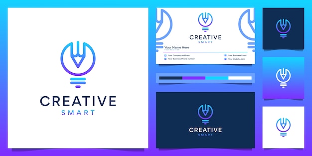 Creative logo design and business card. Modern gradient bulb and pencil with liner style