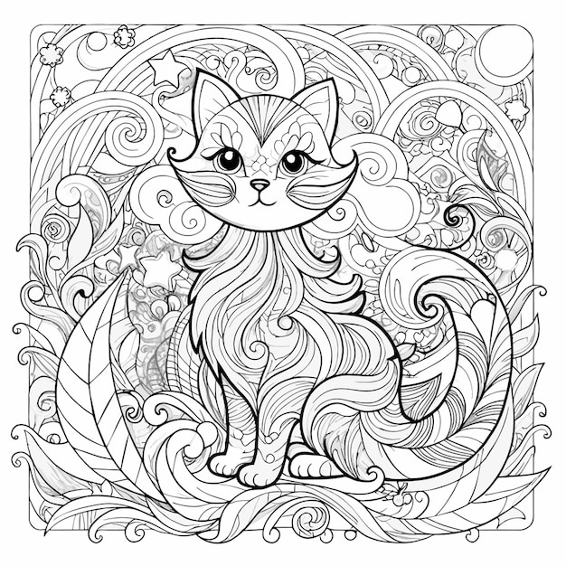 creative magical cat coloring book for stress clean outline vector art vector illustration