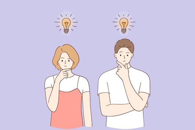 Creative man and woman standing thinking with light bulbs