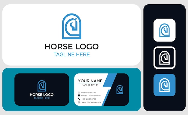 Creative Minimal line art logo of Horse and business card design template