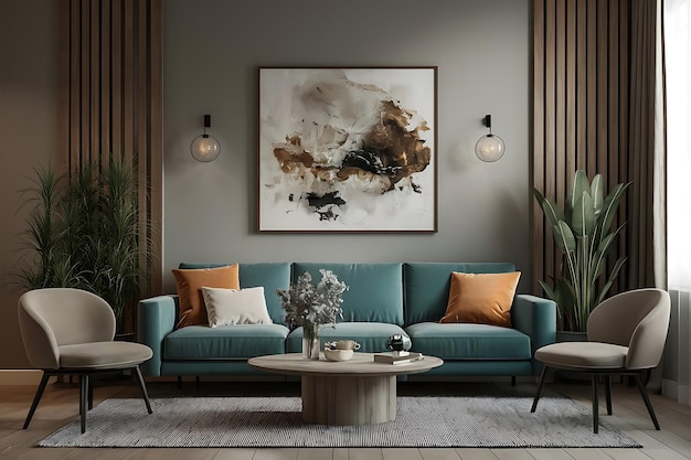 Vector creative modern luxury living room interior design with mock up poster frame stylish sofa flower i