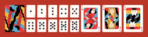 Creative original design of classic full deck of playing cards vector editorial flat illustration. Front and back sides of diamonds card for poker and blackjack isolated. Gambling entertainment.