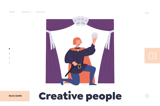 Vector creative people landing page design template with dramatic theater player actor male character