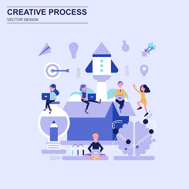 Creative process flat design concept blue style with decorated small people character.