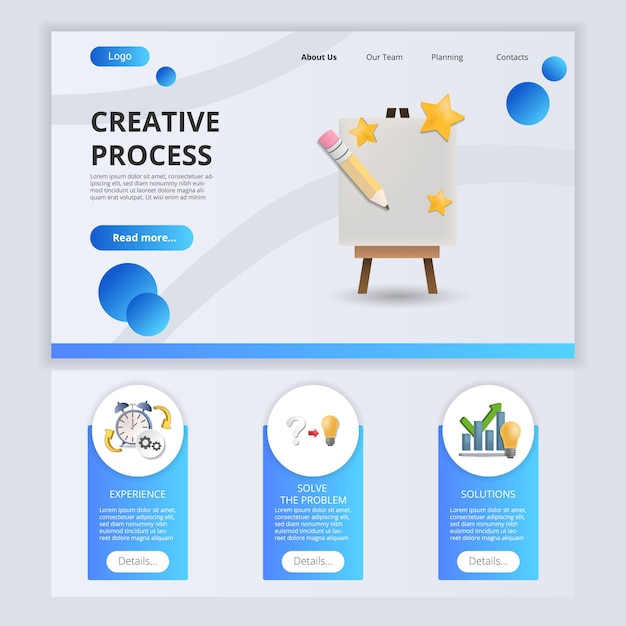 Creative process flat landing page website template experience solve the problem solutions web