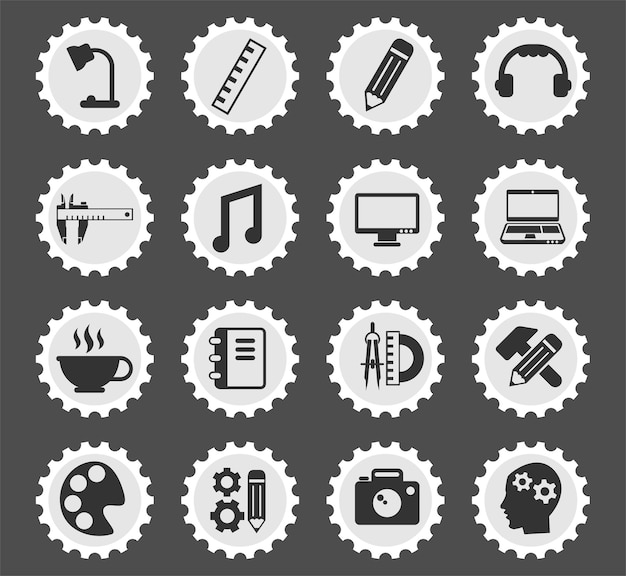 Creative process symbols on a round postage stamp stylized icons