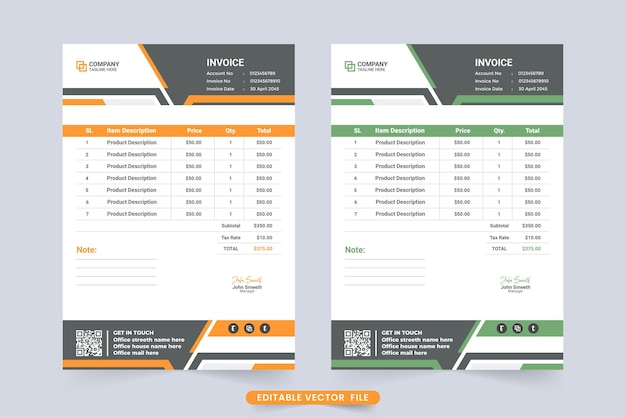 Creative product purchase and payment receipt invoice design Modern business invoice template and cash receipt vector with yellow and green colors Invoice template with price and info sections