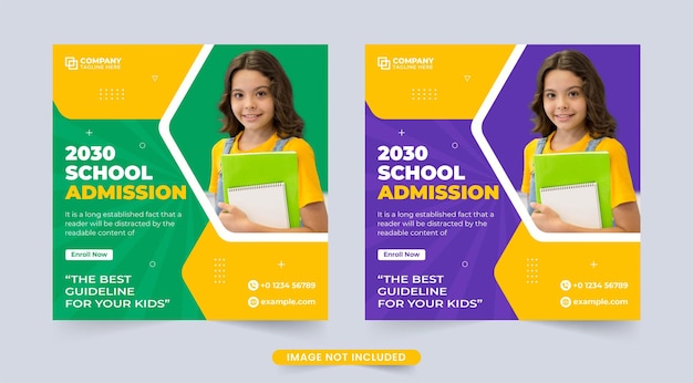 Creative school admission social media banner for promotion Backtoschool promotion template with green and purple colors Academic course and admission web template design for educational purposes