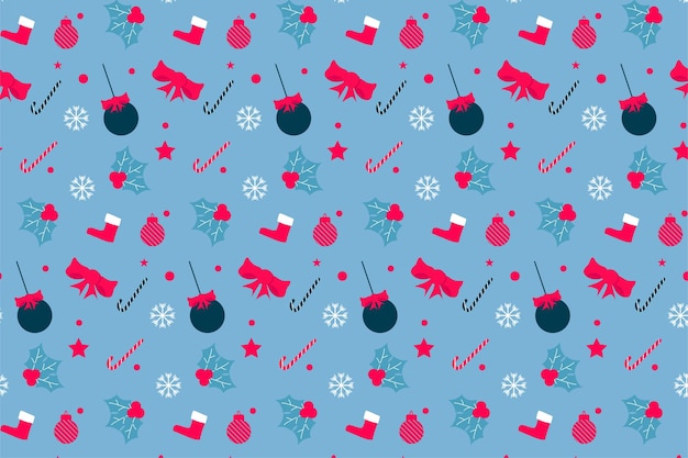 Creative seamless Christmas pattern with decoration balls and red ribbons Endless abstract pattern for bed sheets and wrapping papers Minimal Christmas pattern vector with frosty blue background