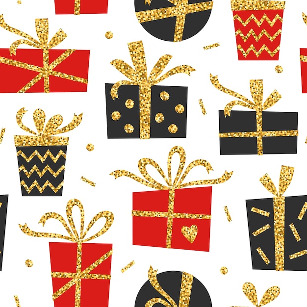 Creative seamless pattern of black and red gift with gold glitter ribbon