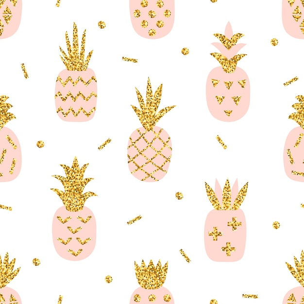 Creative seamless pattern of pink pineapple with gold glitter texture