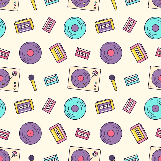 Creative seamless pattern with retro analog music player, cassette recorder, turntable, vinyl disc and microphone