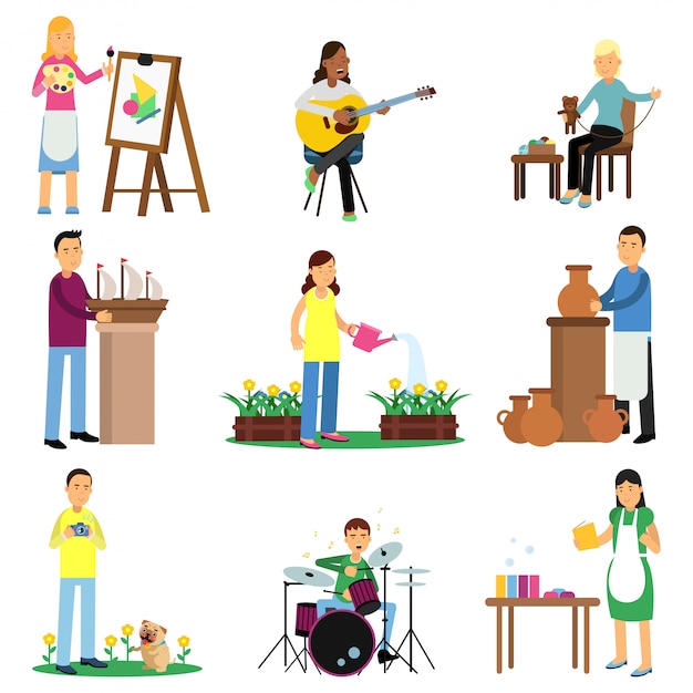 Vector creative set of adult people and their hobbies. cooking, painting, playing guitar and bass, embroidery, knitting, sewing, sculpturing. flat