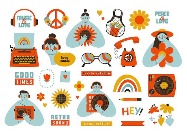 Creative set of retro groovy clipart. Cheerful, joyful, abstract flat person, girl, boy, typewriter.