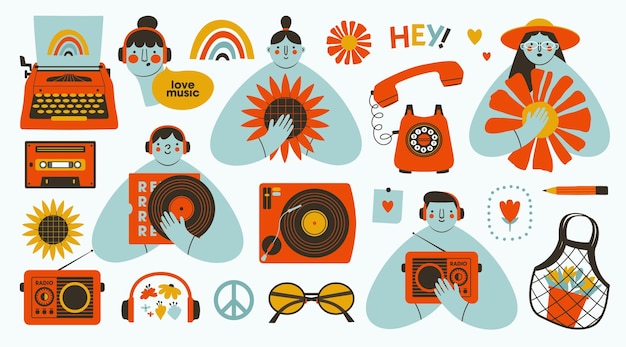 Creative set of retro people and objects.Cheerful, joyful, abstract flat illustrations of persons