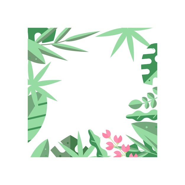 Creative square frame of green tropical leaves and little pink flowers. Colorful natural border. Graphic design for poster, flyer or invitation. Flat vector illustration isolated on white background.