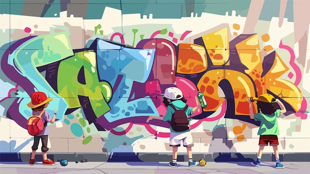 Vector creative street art kids painting graffiti with spray cans