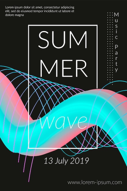 Creative summer wave poster with shape. Retro abstract colorful geometric background. Design for card, flyer, template, banner, brochure. Trendy fashion digital futuristic vector graphic illustration.