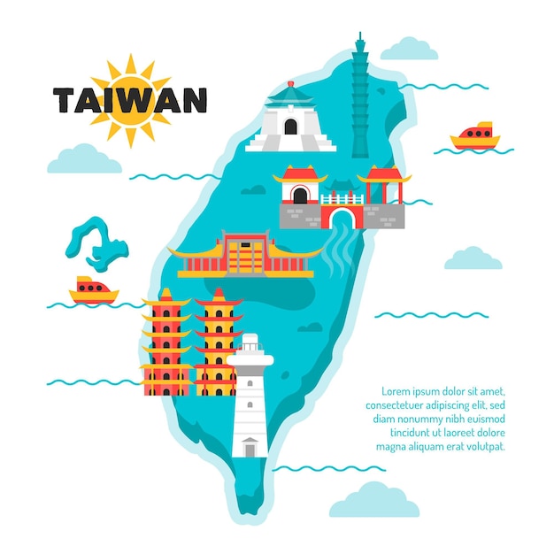 Creative taiwan map with different landmarks