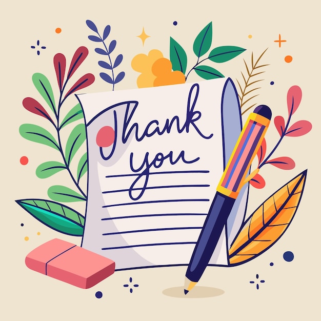 Vector creative thank you illustration with colorful typography and pen design