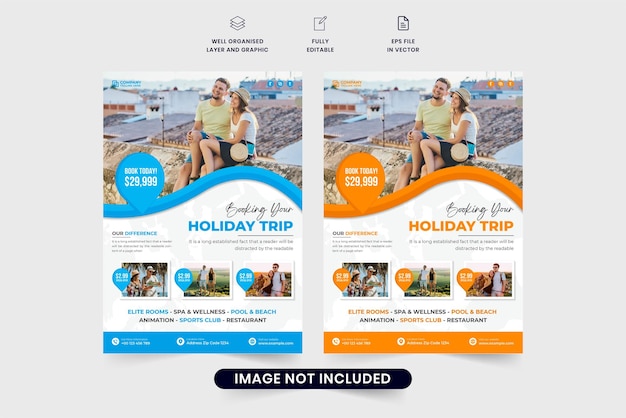 Creative travel agency advertisement flyer design with location pins and abstract shapes Modern holiday trip planner business leaflet and poster vector Tour and travel promotional flyer design